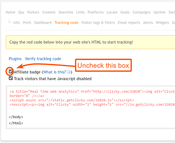 Uncheck the affiliate badge box on the tracking code page.
