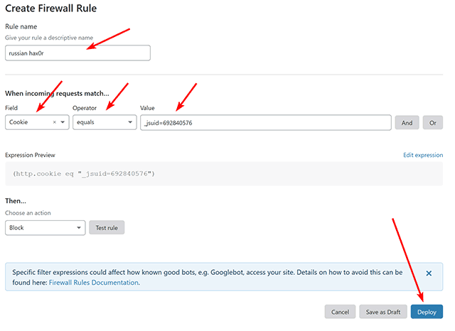To block a visitor based on UID value, create a cookie rule. The cookie name that your site (and Cloudflare) can see is called "_jsuid". You enter cookie rules here in the style of "name=value", so you would enter "_jsuid=692840576" based on the example above, then click the "Deploy" button at the bottom: