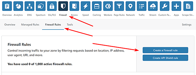 From your site's main Cloudflare control panel, go to Firewall, Firewall Rules, then click "Create a Firewall Rule".