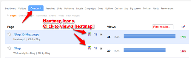 In the Content report, click the heatmap icon next to any page to view the heatmap for that page.