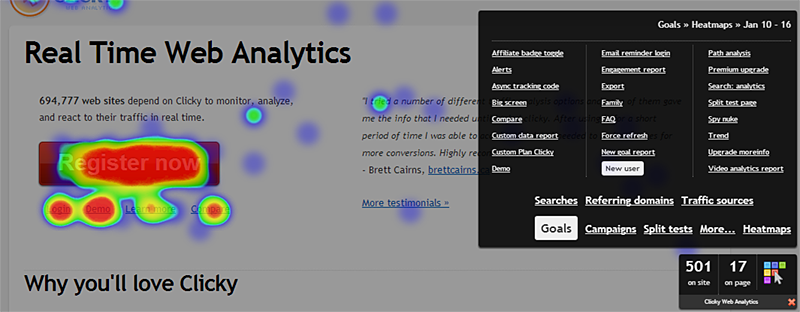 Clicking the "new user" goal shows a heatmap for just visitors who completed that goal. Compared to "all visitors", a much larger percentage of these visitors are clicking the "register" button, as well as checking out our live demo and viewing our comparison matrix, which is exactly what we want to be happening.