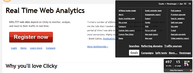 In this screenshot, after selecting the last 7 days for our date range, we clicked the "goals" menu option so we can analyze where people are clicking on our home page for those who complete specific goals. The heatmap in the background disappeared because we're entering segmentation mode (for goals, in this case), but haven't select a specific segment (goal) to view yet.