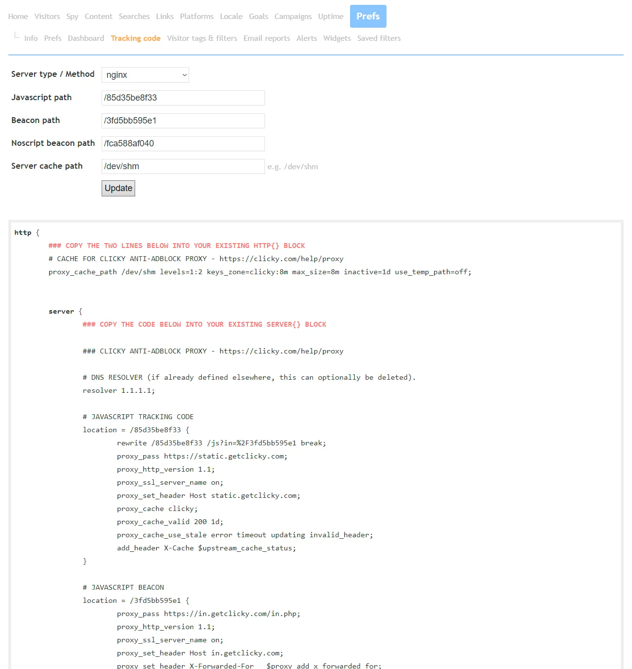 Reverse proxy tracking code UI