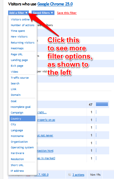One additional thing we want to highlight is invoking further segmentation with the "Add a filter" menu at the very top. Say you wanted to filter down to people using Chrome 25 who also live in the US. Click the menu and select "Country"...