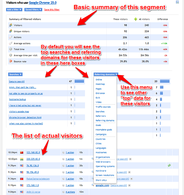 Summary report when a filter is applied, showing basic summary data at the top, segments in the middle, and the list of actual visitors at the bottom.