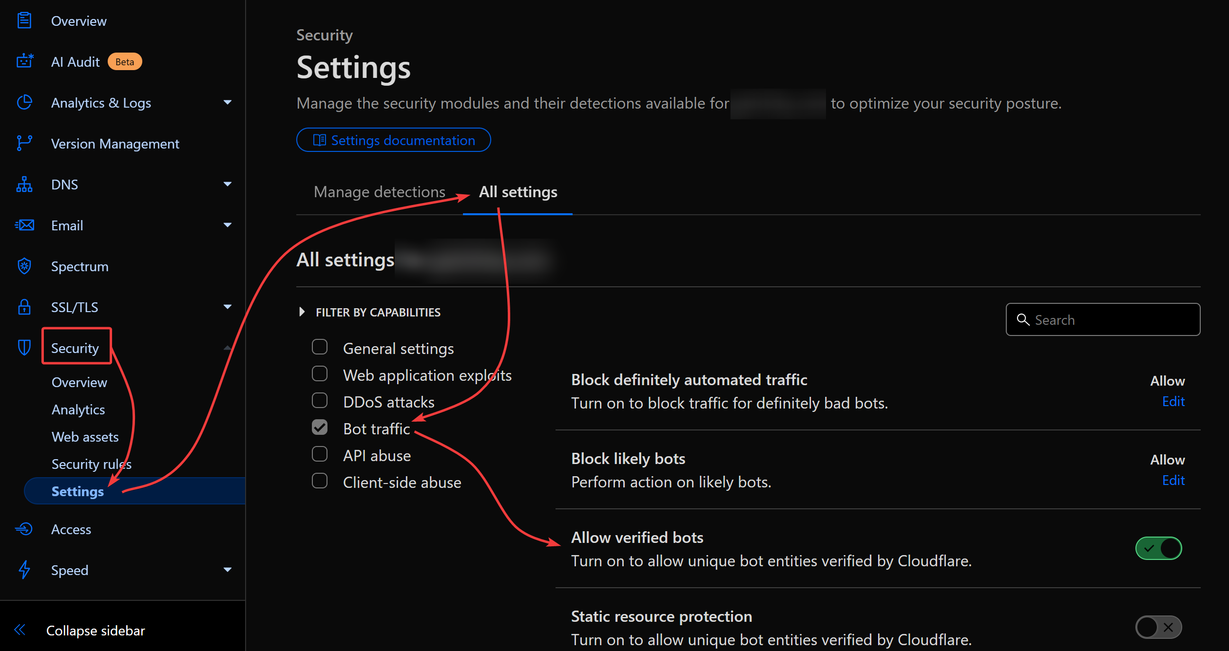 Screenshot showing where to configure verified bots on cloudflare.com.
