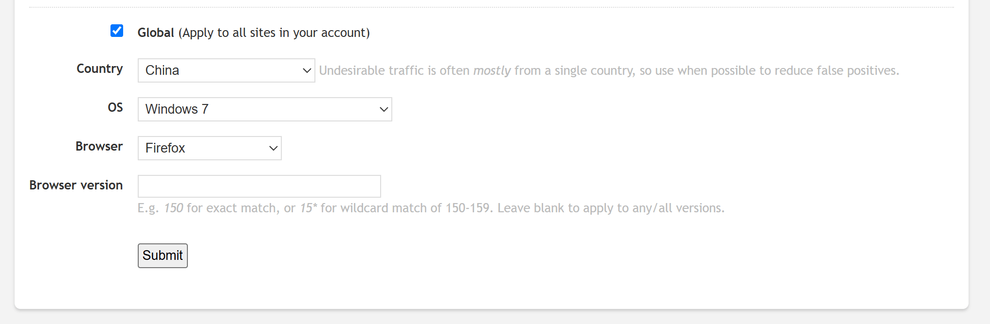 Web browser filter page showing OS, browser, and version options