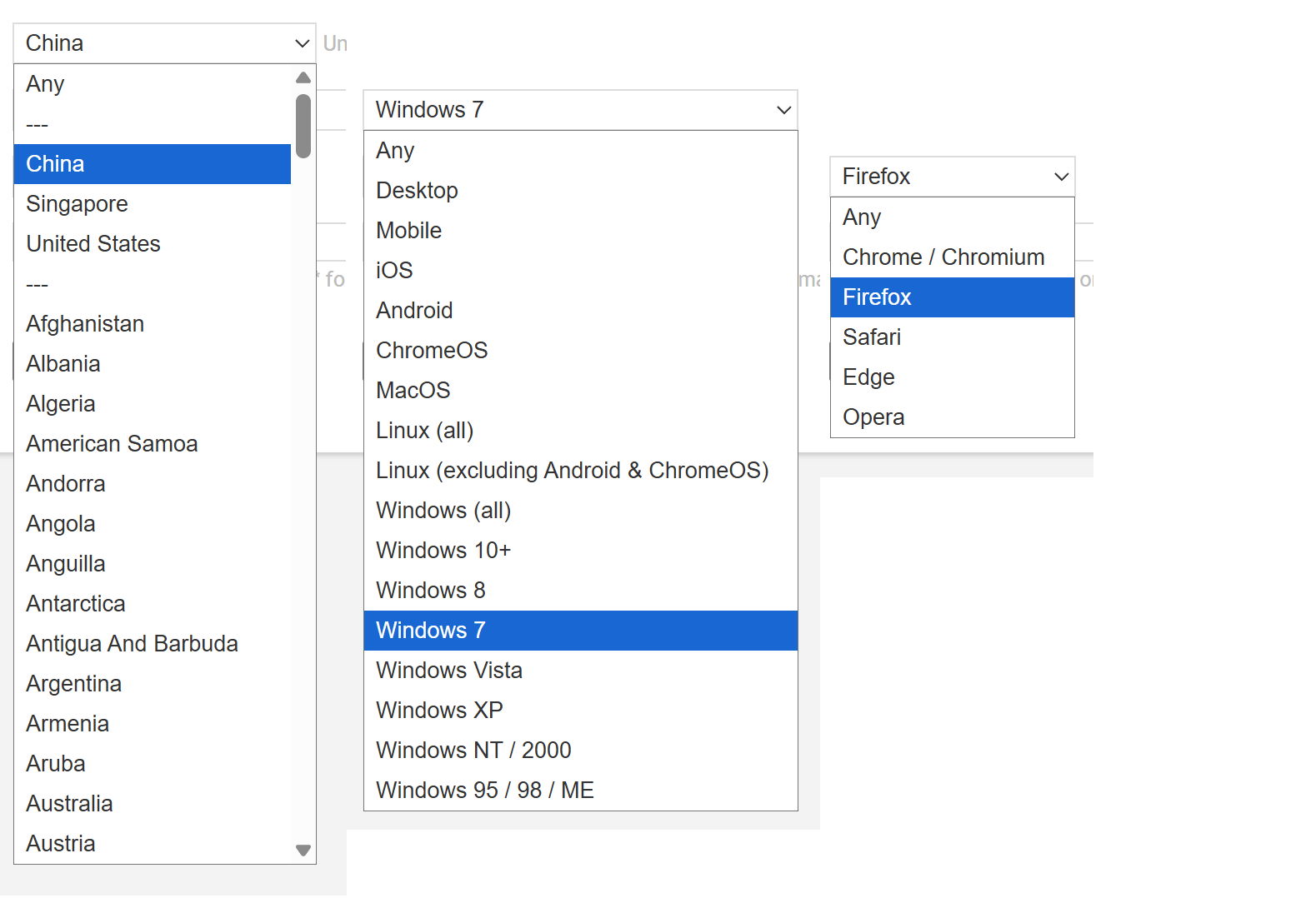 Web browser filter page menus showing OS, browser, and version options