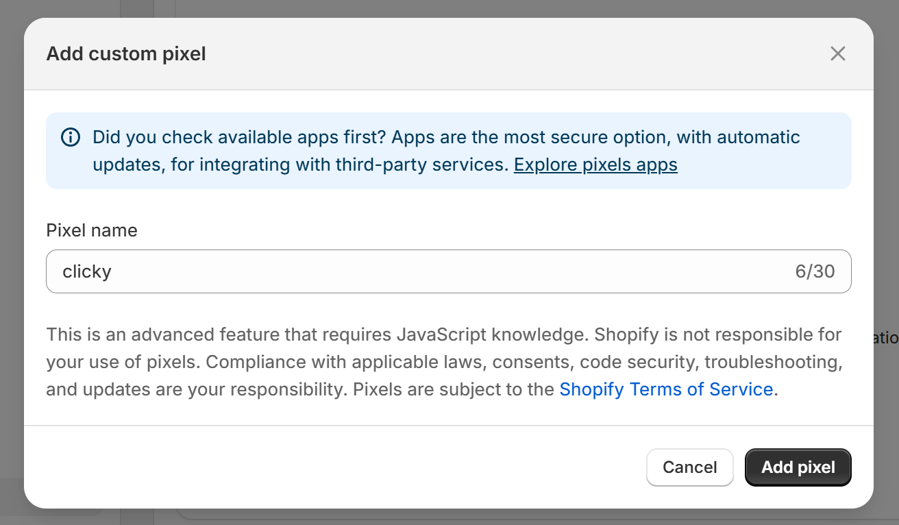 Shopify pixel name